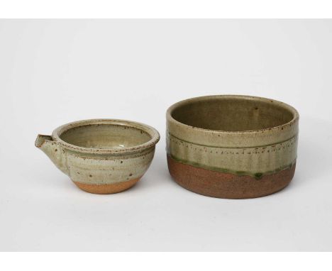 Richard Batterham (1936-2021)a stoneware small batter bowl with spout, covered with an ash glaze, and a stoneware souffle dis