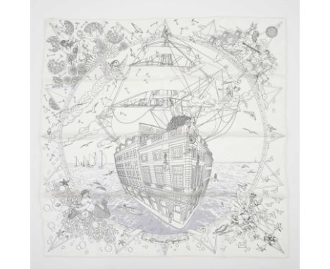 HERMES Paris, made in France. Carré 'Flagship' en twill de soie blanc, gris.Dessiné par Dimitri Rybaltchenko.Twill 100 % soie