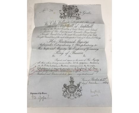 A rare Victorian passport signed by Baron Ampthill for a member of his staff in 1884.  (Baron Ampthill was the First British 