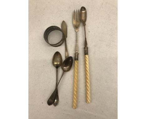 A Victorian ivory pickle fork and spoon; together with silver flatware