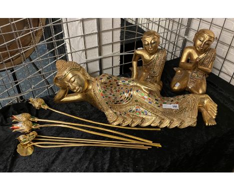 BEJEWELLED CARVED GOLD GILT WOODEN THAI BUDDHA &amp; TWO MONKS - 75 CMS (L)