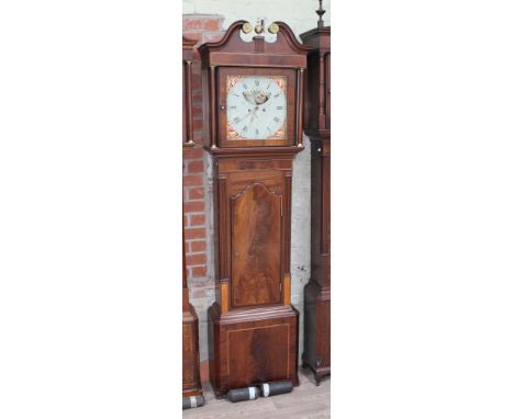 A Georgian eight day long case clock, the painted dial with rolling moon inscribed 'Stones Blackburn', mahogany case with flu