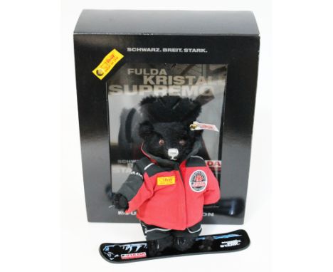 A Steiff Fulda Kristall Supremo, limited edition no804/1500, black mohair teddy bear complete with snoboard, ear tag and box.