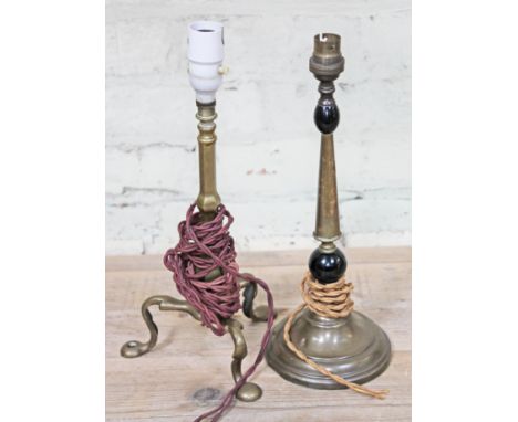 A brass Pullman type railway carriage lamp and another with weighted base, height approx. 35cm each.  