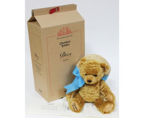 A Steiff Cherish Teddies Daisy, limited edition no2633/5000, blonde mohair teddy bear complete with hat, ear tag, box and cer