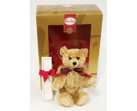 A Steiff William bear Hamleys 2003 edition, no331/1500, gold mohair teddy bear complete with ear tag, bow tie, box and certif