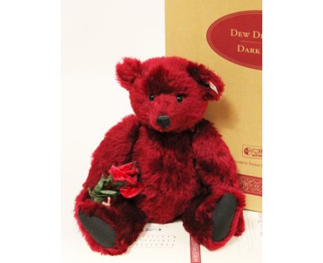 A Steiff Dew Drop Rose teddy bear, limited edition no3364/3500, dark red mohair teddy bear complete with rose, ear tag, box a