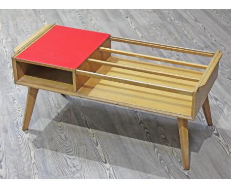 A retro 1950s light oak and red coffee table, length 89cm.  