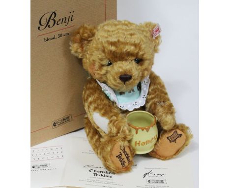 A Steiff Cherish Teddies Benji, limited edition no864/5000, blonde mohair teddy bear complete with honey pot, bib, ear tag, b