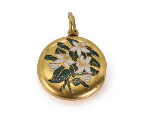 A gold enamel floral locket, a round locket with a spray of opaque white enamel flowers and transparent green enamel leaves, 