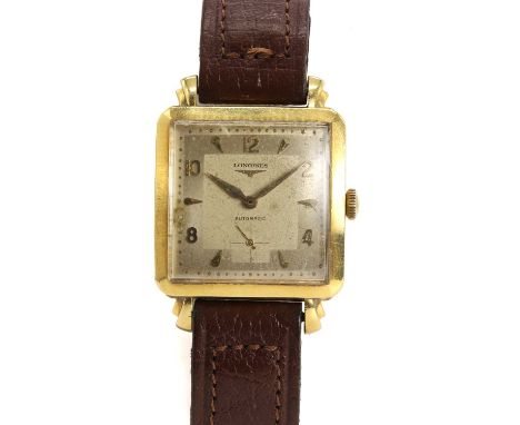 A vintage 18ct gold Longines automatic strap watch,  square case, with a silvered dial, gilt sword and Arabic hour markers, s