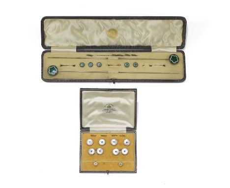 A gold and platinum dress stud and cufflink set, by Mappin & Webb, the set with a pair of gold and platinum sapphire and moth