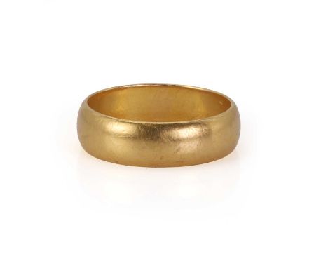 A 22ct gold wedding ring, a wide D profile band, Birmingham, 3.88g Ring size I½Condition ReportMarks and scratches to surface