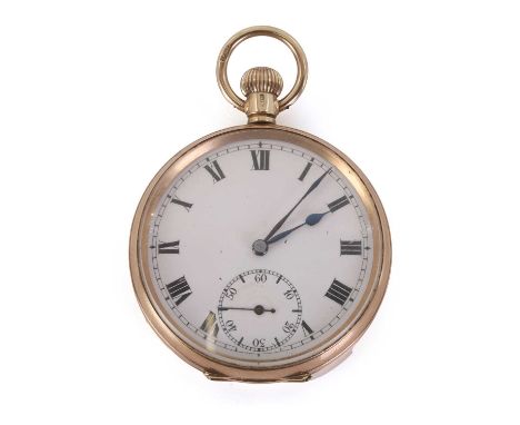 A 9ct gold top wind open faced pocket watch, 46mm diameter, with a white enamel dial, black Roman numerals, blued spade and s