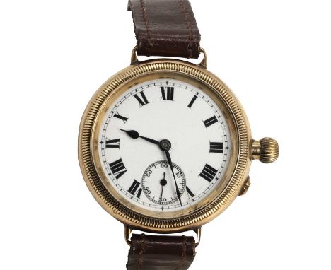 A gold mechanical strap watch, 33mm diameter, with a white enamel dial, black Roman numerals, subsidiary seconds dial, to a l