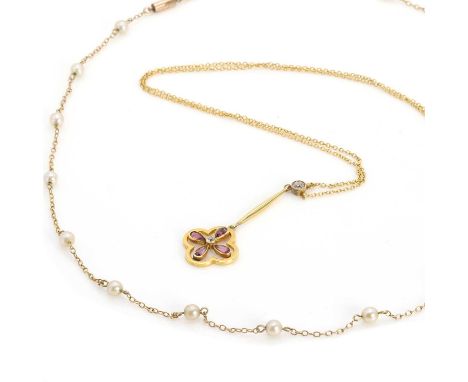 Two gold necklaces, comprising a gold seed pearl satellite necklace, the seed pearls approximately 3.6mm in size and alternat