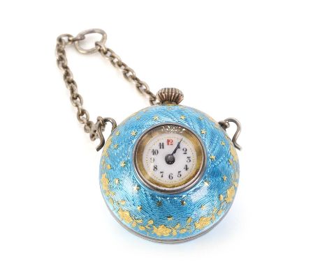 An early 20th Century silver guilloché enamel pendant fob watch, a Continental silver globe shaped case, 25m diameter, with t