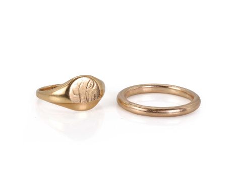 A signet ring and a wedding band, the 18ct gold signet ring, with hand engraved initials, heavily worn to one side, Chester 1