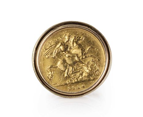 A half sovereign coin ring a George V half sovereign, dated 1914, spectacle set to a 9ct gold mount, 22mm diameter, with a pi