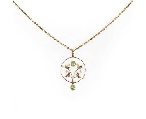 An Edwardian gold peridot, split pearl drop pendant and chain, with a round cut peridot millegrain set to a circular wire mou