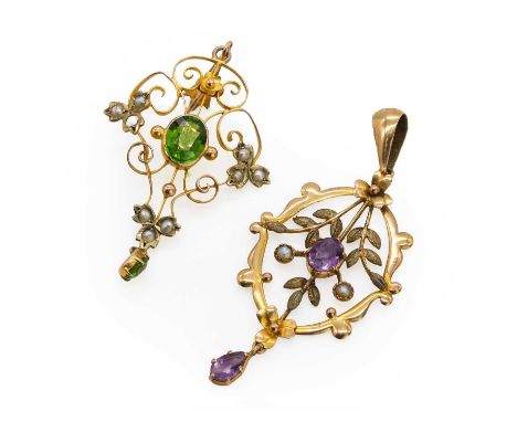 Two Edwardian gold gem set split pearl pendants, comprising a gold garnet topped doublet and split pearl pendant, with an ova