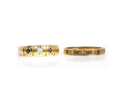 An antique 18ct gold gypsy ring and a half-eternity ring, a Victorian 18ct gold gypsy ring,star set with an old mine cut diam