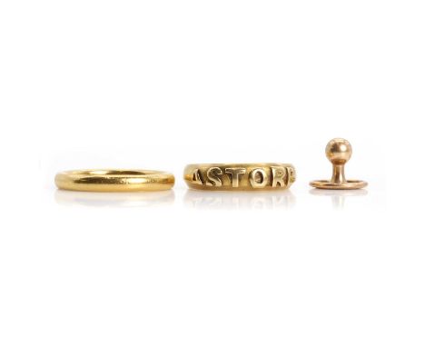 Two gold rings and a gold dress stud, comprising:a 22ct gold wedding ring, a plain court profile band, Birmingham 1935, 4.55g