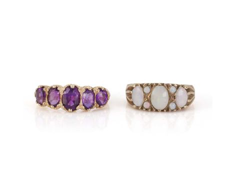 A 9ct gold opal ring and a five stone amethyst ring, the opal ring set with three cabochon white opals, flanked either side b