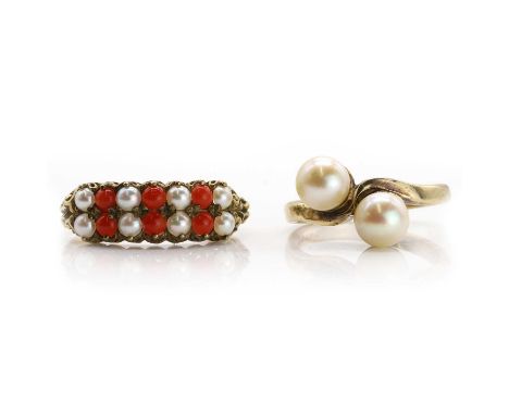 Two 9ct gold rings, comprising a 9ct gold split pearl and coral ring, with two rows of split pearls and round coral cabochons