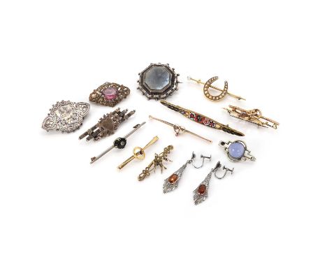 A collection of antique and later gold and silver jewellery, comprising:a group of Victorian gold bar brooches,with a 9ct gol