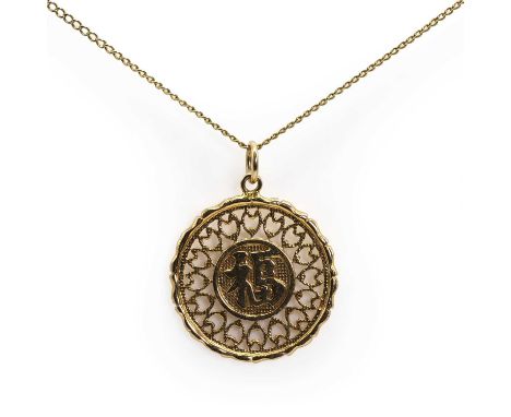 A gold Chinese style 'Fu' pendant, with central Chinese character for good fortune, to a pierced surround, 25mm diameter, sta