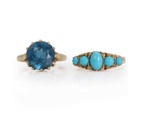 Two 9ct gold gem set rings, comprising a 9ct gold blue paste single stone ring, with a round cut blue paste, 11mm diameter, t