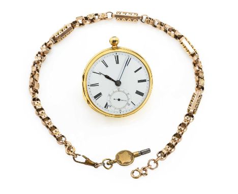 An 18ct gold key wind lever fusee pocket watch and a 9ct gold Albert chain, 50mm diameter, with a white enamel dial, black Ro