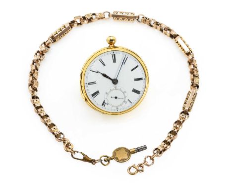 An 18ct gold key wind lever fusee pocket watch and a 9ct gold Albert chain, 50mm diameter, with a white enamel dial, black Ro