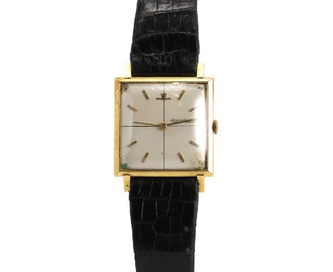 A gentlemen's 18ct gold Jaeger Le-Coultre mechanical strap watch,  the square case, 22mm x 22mm, with a silvered quarter sect