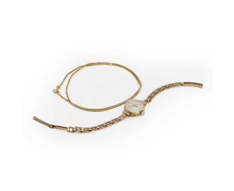 A 9ct gold Rotary watch and gold foxtail link chain, 17mm diameter, with a silvered dial, gilt baton hour markers, gilt baton