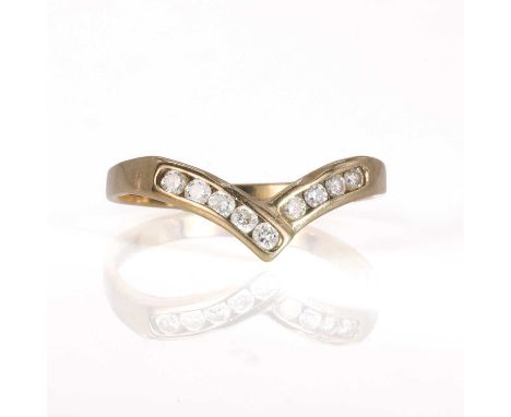 A 9ct gold and diamond wishbone ring,  the front designed as two lines of channel set round brilliant cut diamonds in 'V' for