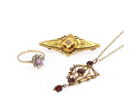 A gold pendant, brooch and paste ring, A gold garnet and split pearl drop pendant, with a central line of alternating cushion