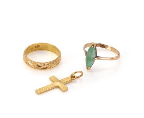 A small group of gold jewellery, comprising a textured wedding band, with Chinese marks, tested as high carat gold, a navette