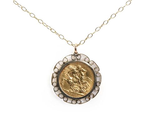 A gold sovereign pendant, a George V sovereign, dated 1912, spectacle set to a 9ct gold scrollwork mount, 29mm diameter, Lond