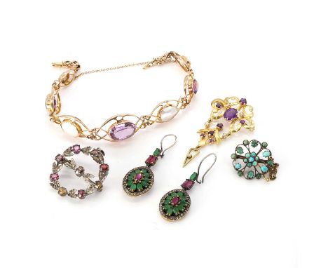 A group of gold and silver gem and paste set jewellery,  comprising an Edwardian style 9ct gold amethyst and split pearl pend