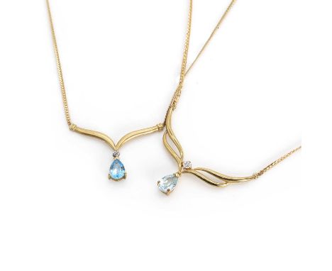 Two 9ct gold blue gem set necklaces, comprising two 9ct gold gem set necklaces, both with a V drop motif set with a round bri