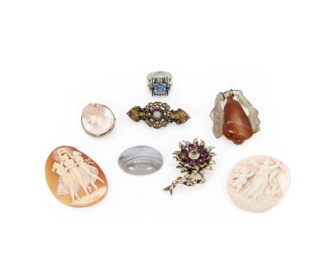 A group of hardstone, shell, silver, and costume jewellery,  comprising an oval banded agate cabochon, 27mm x 34mm, a carved 