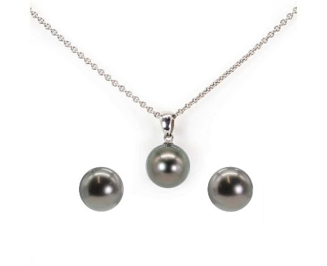 An 18ct white gold black pearl necklace and black pearl stud earrings by Mikimoto,  a cultured black pearl, 9.85mm, untested,