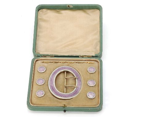 A silver gilt guilloché enamel buckle and buttons set, by John Aitken & Son, comprising an oval belt buckle and six buttons, 