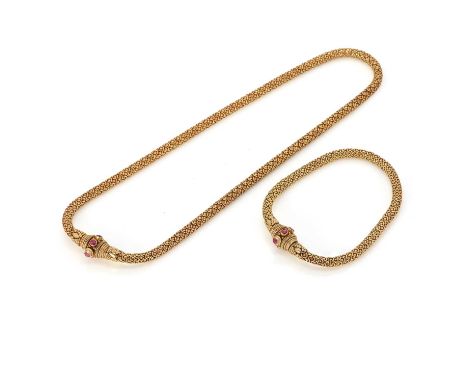 A gold synthetic ruby necklace and bracelet set, comprising a gold scale link chain necklace with granulated and wire twist t