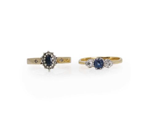 Two gold sapphire and diamond rings, comprising a 9ct gold sapphire and diamond cluster ring, a central oval cut sapphire, to