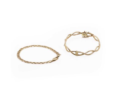 A 9ct gold hinged bangle and a 9ct gold bracelet, comprising a 9ct gold oval hinged bangle, with round hollow crossover wires