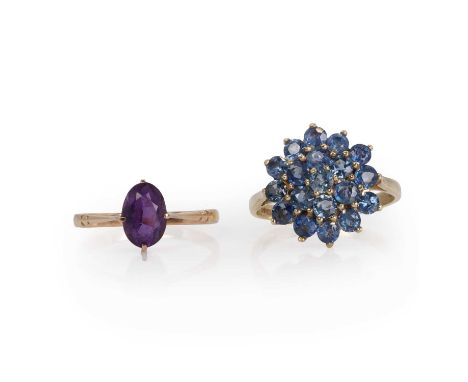 Two gold gem set rings, comprising a 9ct gold sapphire cluster ring, with round cut sapphires, all claw set to plain shoulder