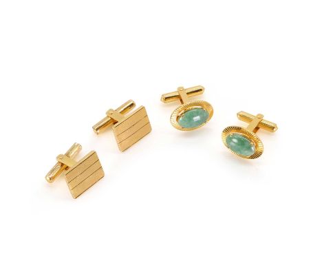 Two pairs of gold cufflinks,  one pair set with an oval jade cabochon, claw set, with a textured surround, the other rectangu